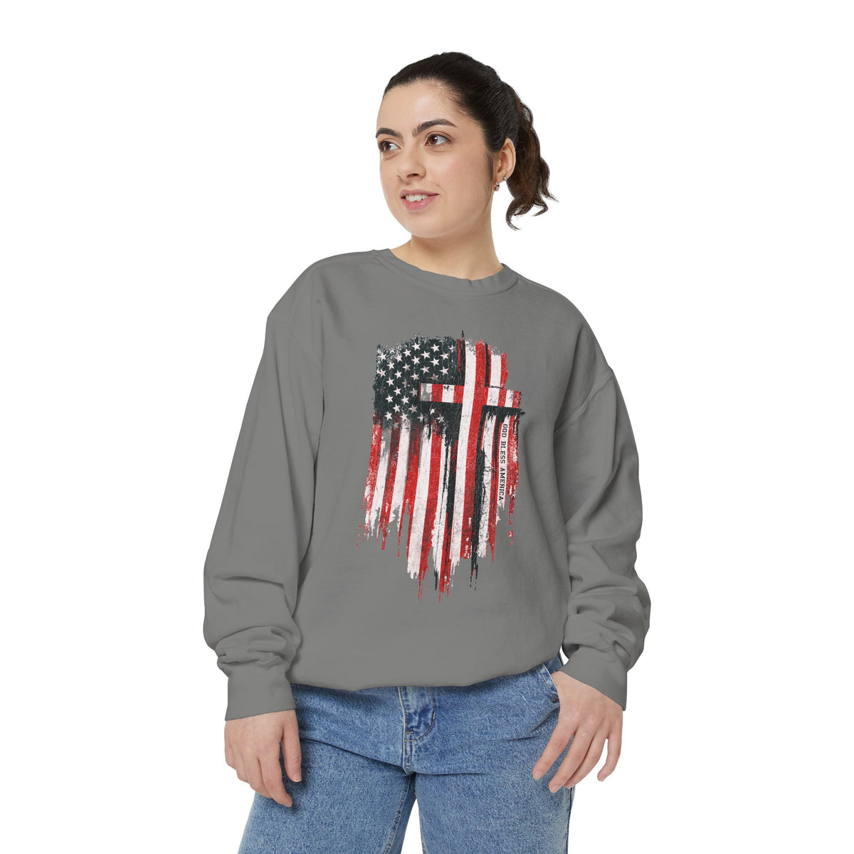 God Bless America Sweatshirt, Distressed American Flag and Cross Graphic, Patriotic Christian Gift for Church Events and Everyday Faith