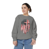 God Bless America Sweatshirt, Distressed American Flag and Cross Graphic, Patriotic Christian Gift for Church Events and Everyday Faith