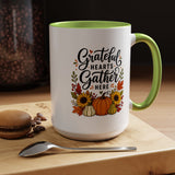 Grateful Hearts Gather Here Mug, Thanksgiving Pumpkin Coffee Cup, Rustic Fall Hostess Gift, Sunflower Harvest Kitchen Decor