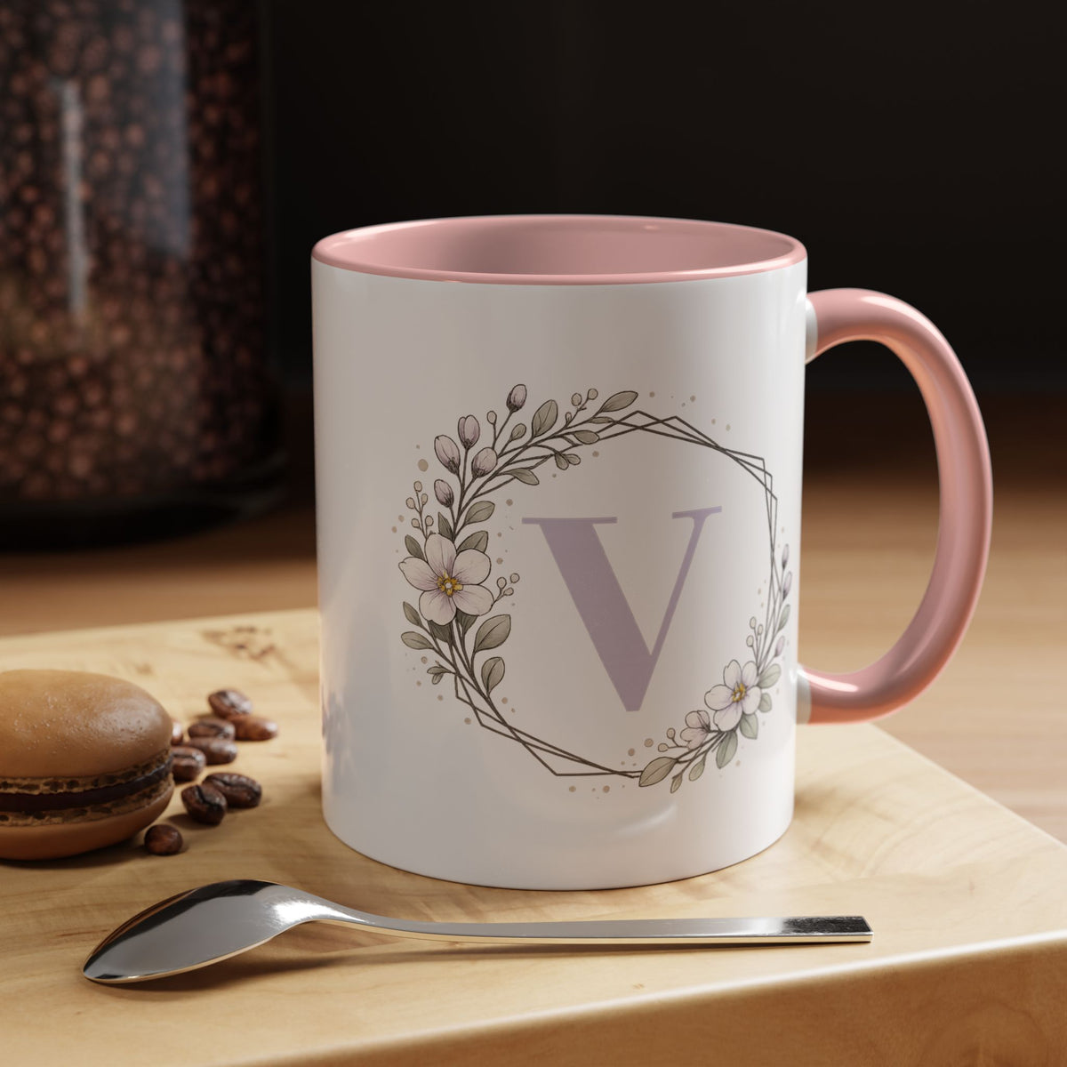 Letter V Monogram Mug, Floral Initial Coffee Mug for Women, Botanical Alphabet Cup, Minimalist Monogram Gift, Personalized Letter Mug
