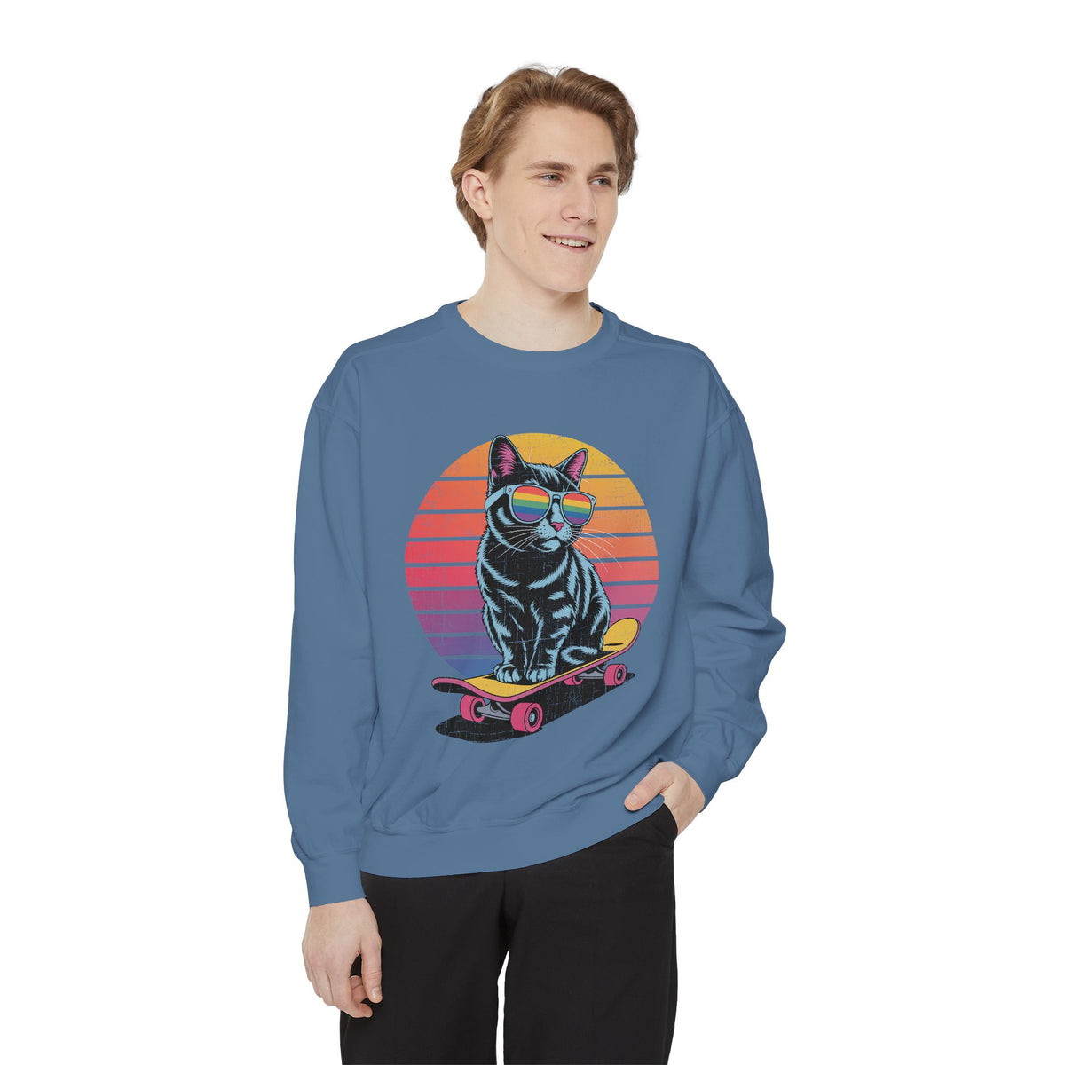Retro Skateboard Cat Sweatshirt, Rainbow Sunglasses Kitty Crewneck, Funny Cat Lover Gift, Vintage Skater Graphic Cozy Pullover Top