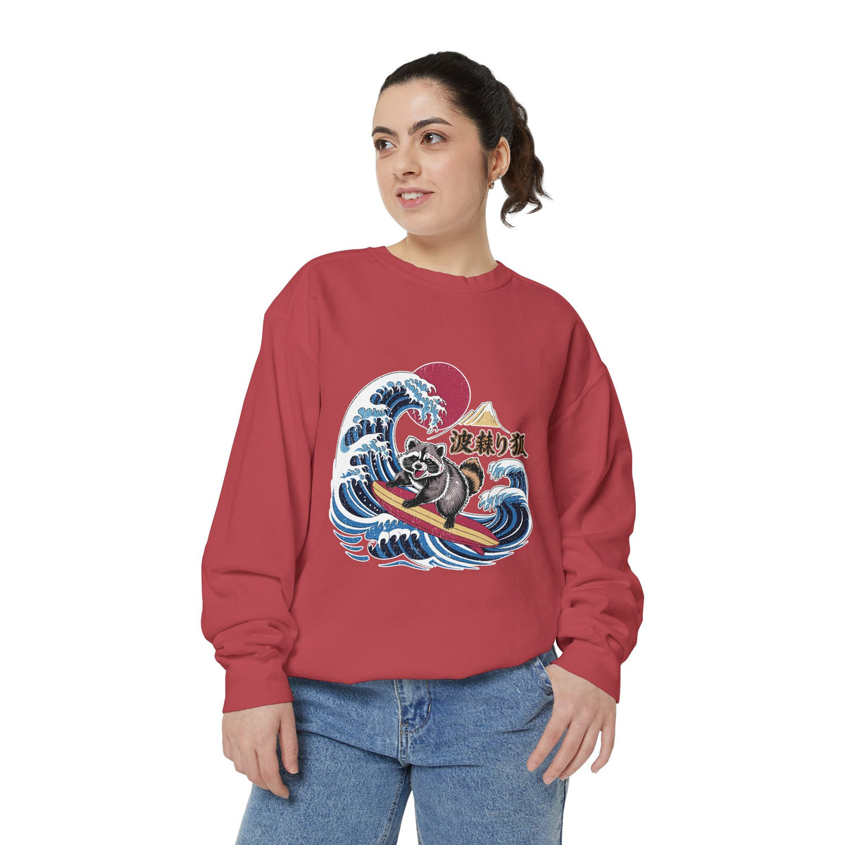 Japanese Surfing Raccoon Sweatshirt, Retro Wave Graphic Crewneck, Funny Animal Surfer Gift, Japan Inspired Beachwear Cozy Pullover