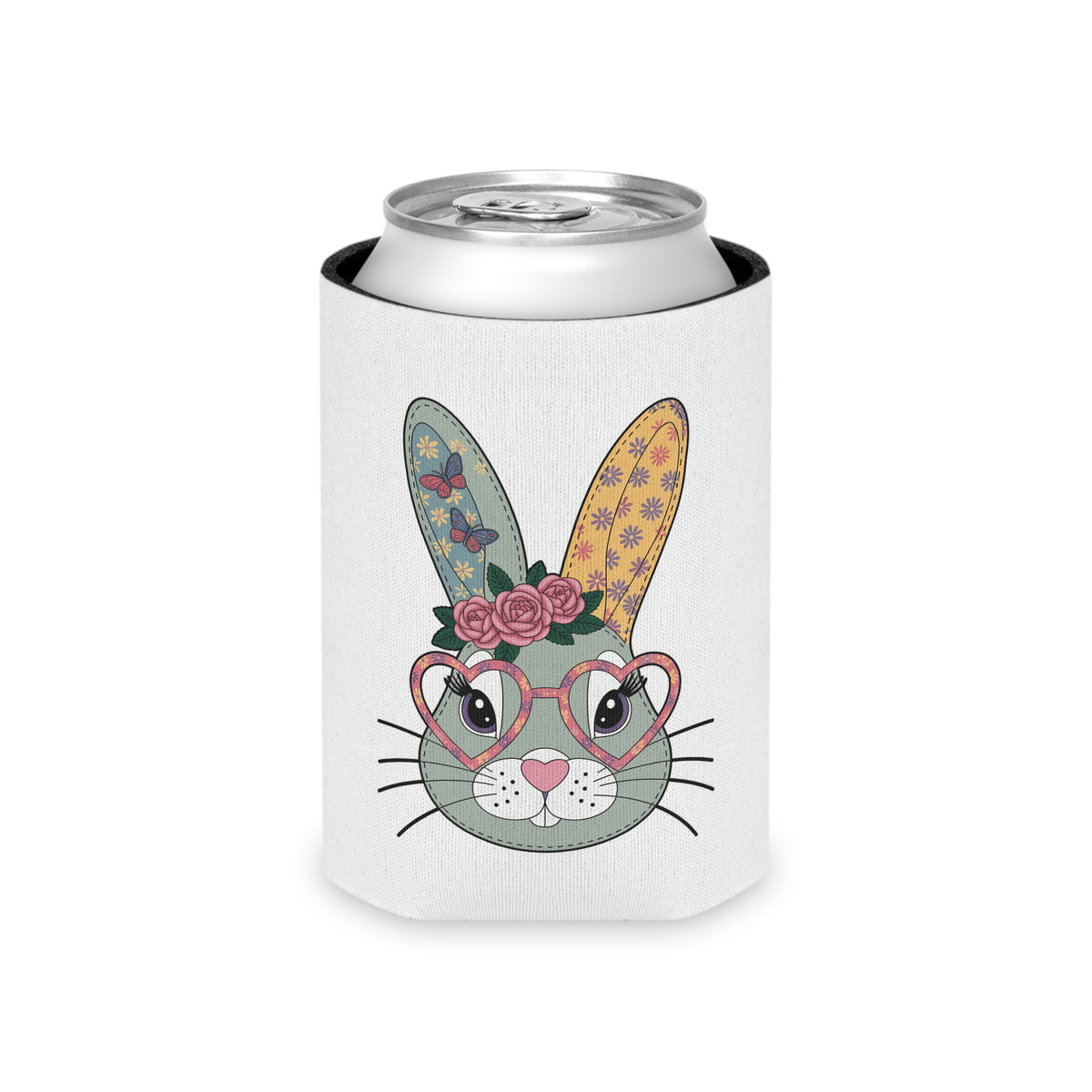 Bunny Can Cooler, Floral Rabbit Drink Sleeve, Cute Easter Gift for Her, Butterfly and Flower Design, Spring Gift for Bunny Lovers