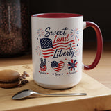 Sweet Land of Liberty Coffee Mug, Patriotic Fourth of July Mug, American Flag Heart Freedom Cup, USA Pride Gift for Women