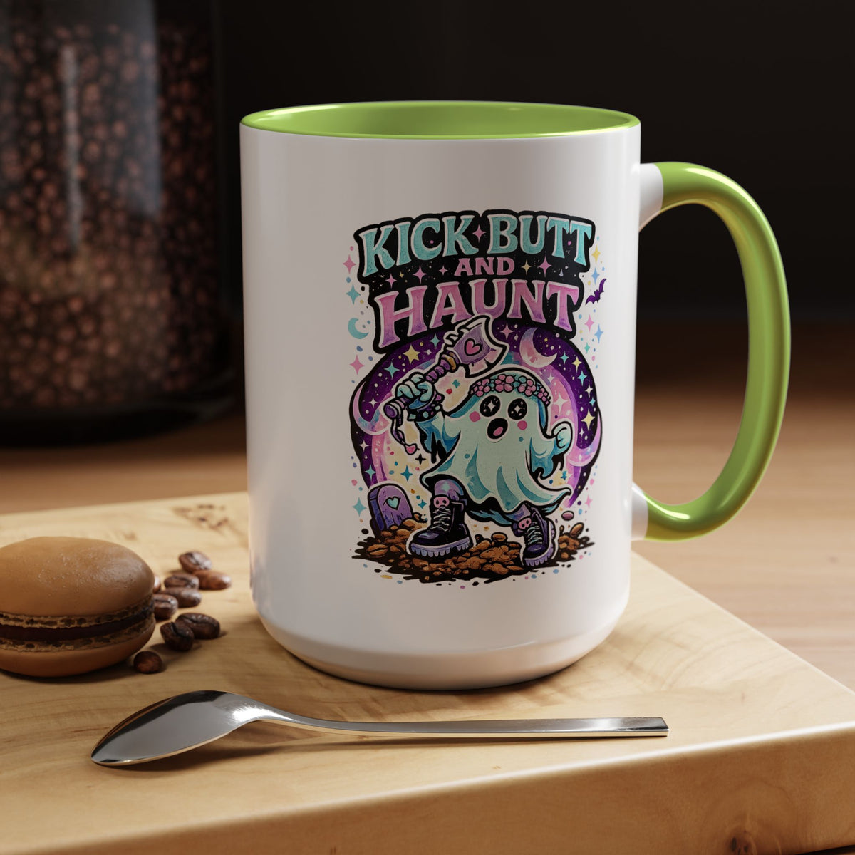 Kick Butt and Haunt Mug, Cute Pastel Ghost Black Accent Coffee Cup, Unique Funny Halloween Gift for Her, Spooky Bestie or Pastel Goth