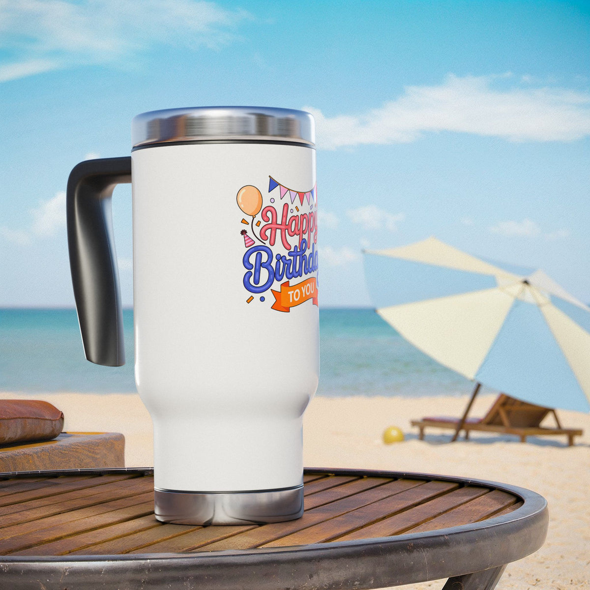 Happy Birthday to You Travel Mug with Handle, Pink and Blue Lettering with Party Balloons, Coffee Lover Gift for a Best Friend or Sister