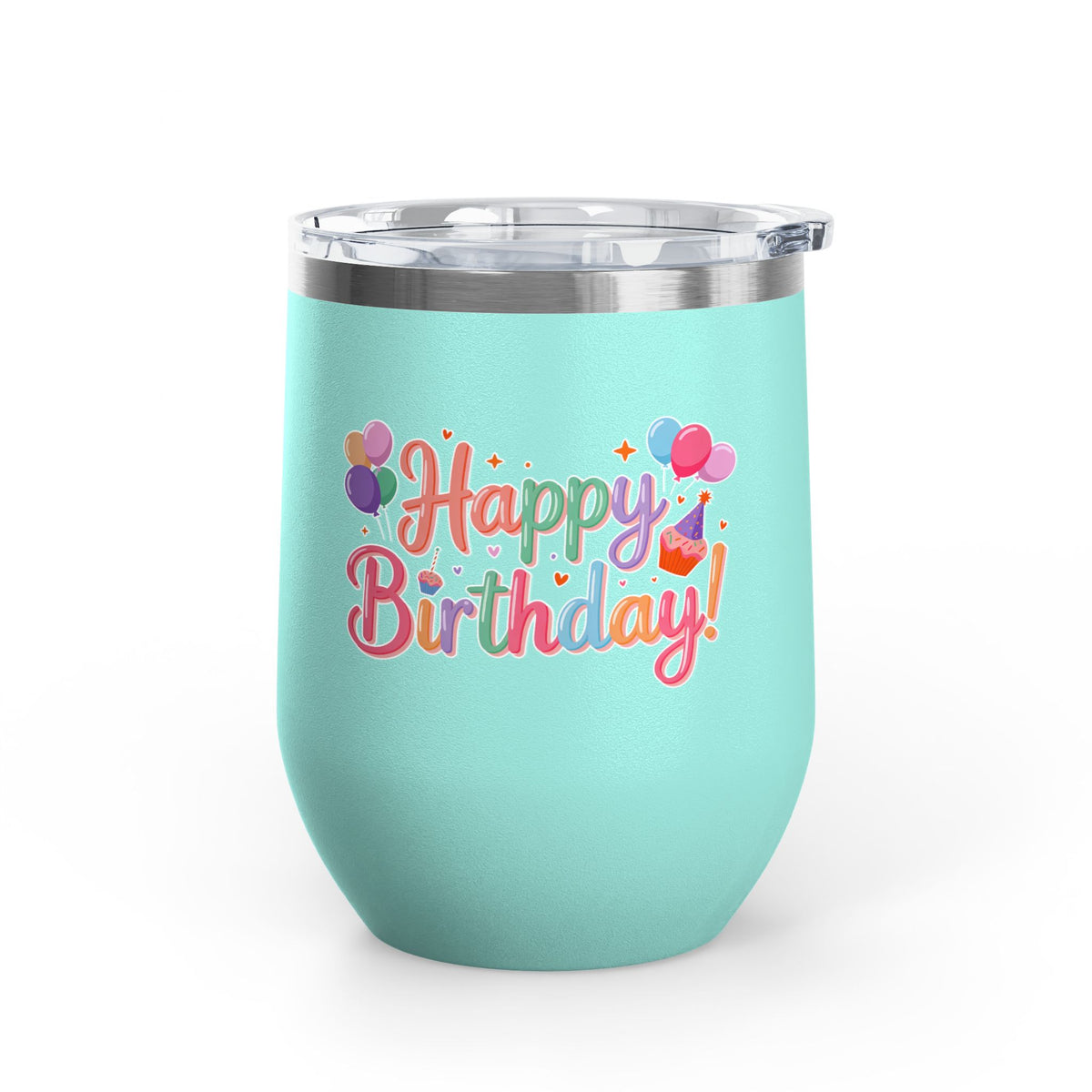 Happy Birthday Wine Tumbler, Pastel Balloons and Cupcake Design, Colorful Drinkware Gift for a Best Friend, Sister or Coworker Celebration