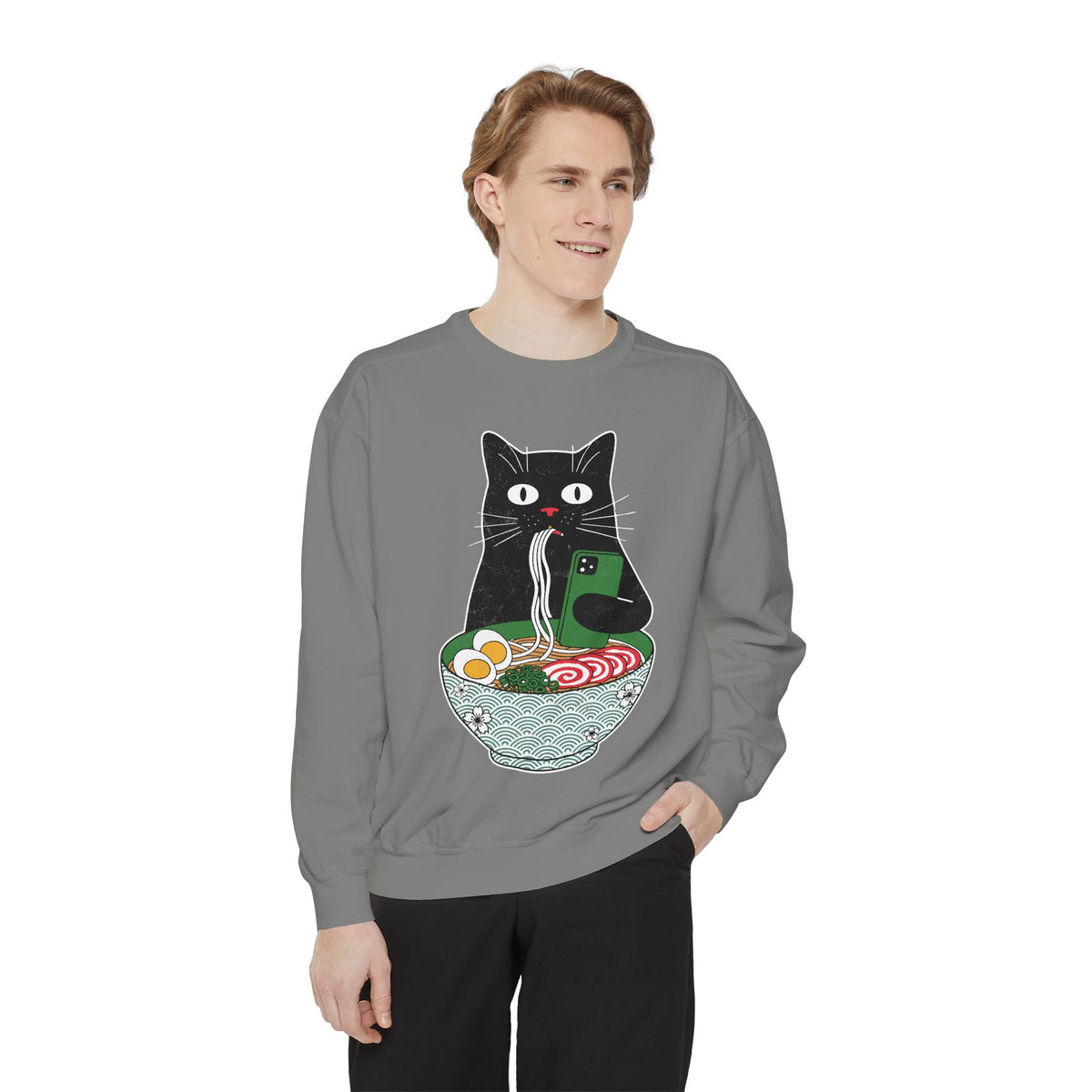 Ramen Cat Comfort Colors Sweatshirt, Funny Cat Eating Noodles Shirt, Cat Lover Graphic Crewneck, Foodie Gift Idea