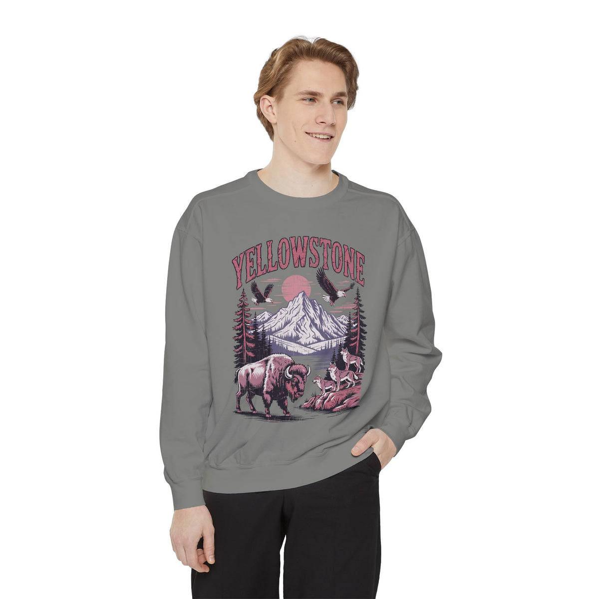 Yellowstone Wildlife Sweatshirt, Bison Wolf Eagle Mountain Crewneck, National Park Lover Gift, Western Nature Graphic Cozy Pullover