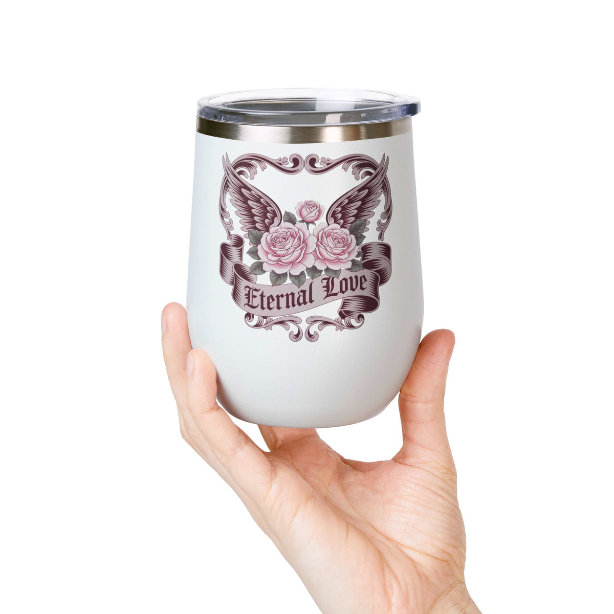 Eternal Love Wine Tumbler, Gothic Rose and Angel Wings Design, Romantic Anniversary Gift for Her, Vintage Tattoo Style Drinkware