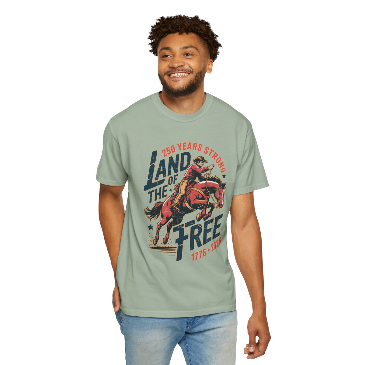 Land of the Free 250 Years Strong Comfort Colors Shirt, America 250th Anniversary Tee, Patriotic Cowboy Graphic Shirt, USA 1776-2026