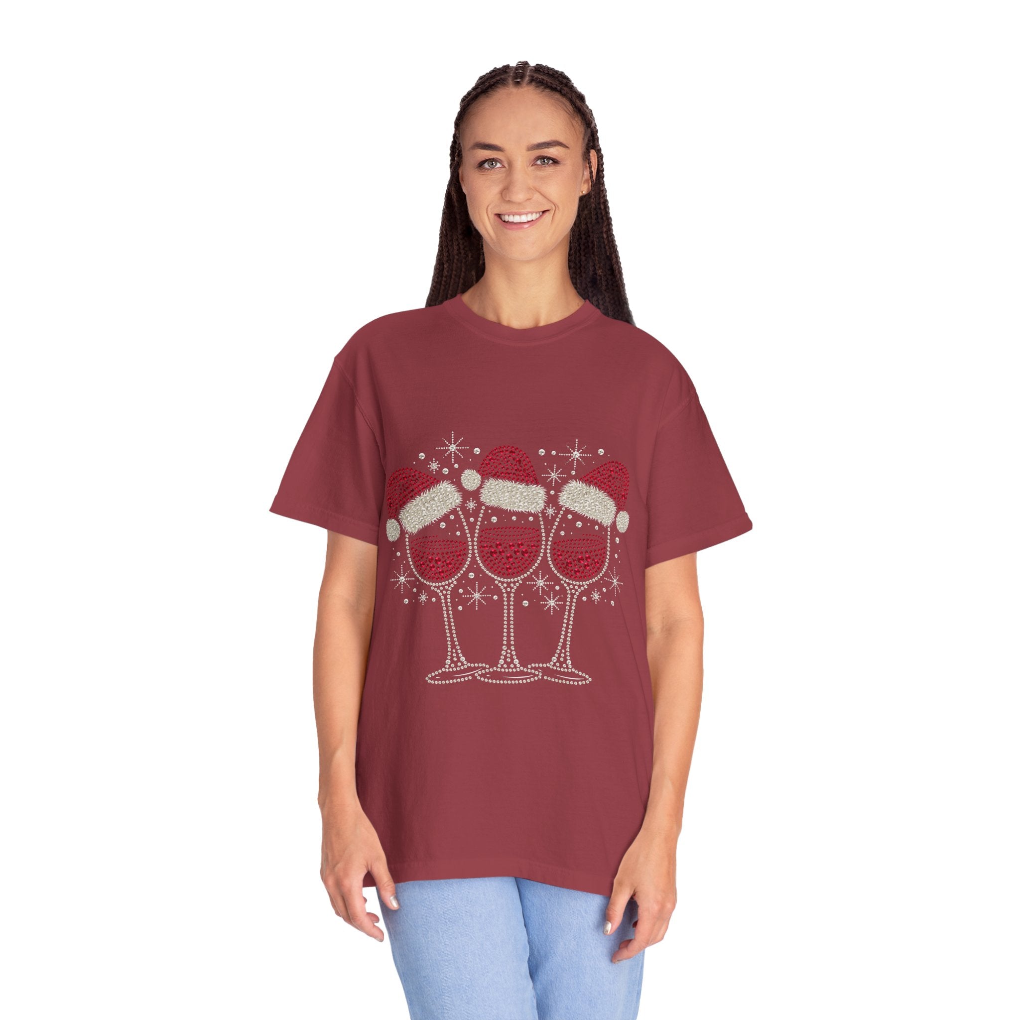 Christmas Wine Glass Shirt, Rhinestone Style Santa Hat T-Shirt, Sparkly Holiday Party Tee, Gift for Wine Lover or Girls Christmas Night