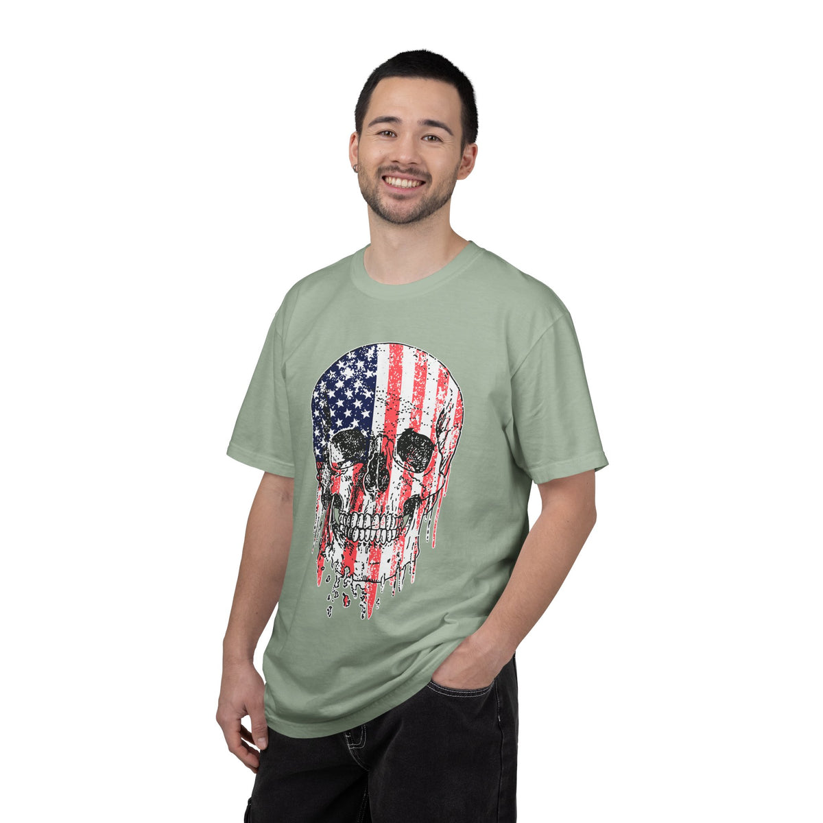 American Flag Skull Shirt, Distressed Patriotic Graphic for Biker Outfits, Fourth of July Style, Birthday Gift for Skull Art Lovers