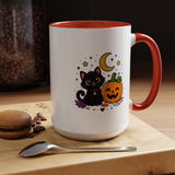Cute Black Cat Halloween Mug, Pumpkin and Moon Coffee Cup, Spooky Season Gift for Cat Lover, Fall Birthday Present, Witchy Fall Decor