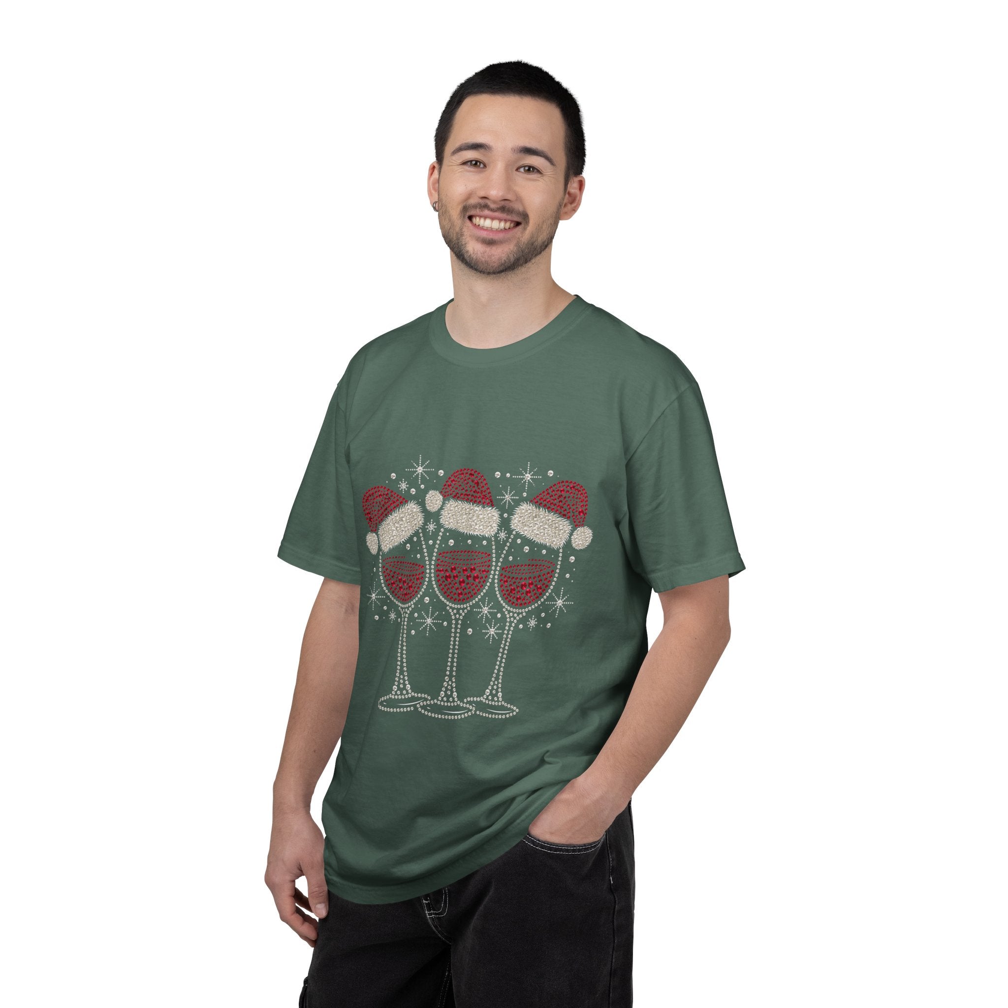 Christmas Wine Glass Shirt, Rhinestone Style Santa Hat T-Shirt, Sparkly Holiday Party Tee, Gift for Wine Lover or Girls Christmas Night