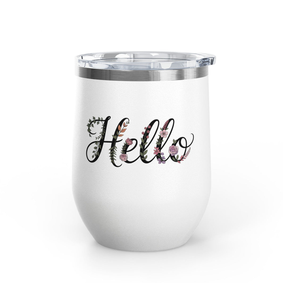 Floral Hello Wine Tumbler, Botanical Drinkware for Women, Spring Coffee Cup, Floral Gift for Her, Cute Everyday Wine Glass