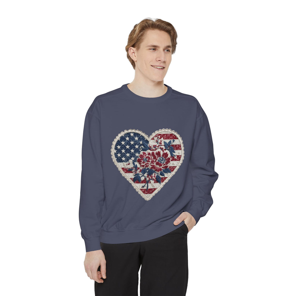 Patriotic Floral Heart Comfort Sweatshirt, American Flag Heart Crewneck, Fourth of July Sweatshirt, USA Gift for Women