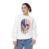 American Flag Skull Sweatshirt, Distressed Patriotic Graphic for Biker Outfits, Fourth of July Style, Birthday Gift for Skull Art Lovers