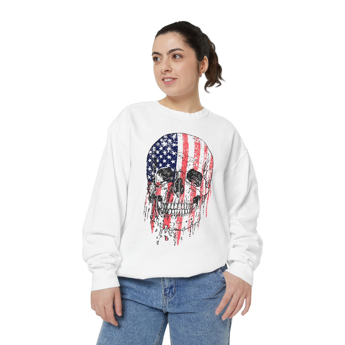 American Flag Skull Sweatshirt, Distressed Patriotic Graphic for Biker Outfits, Fourth of July Style, Birthday Gift for Skull Art Lovers