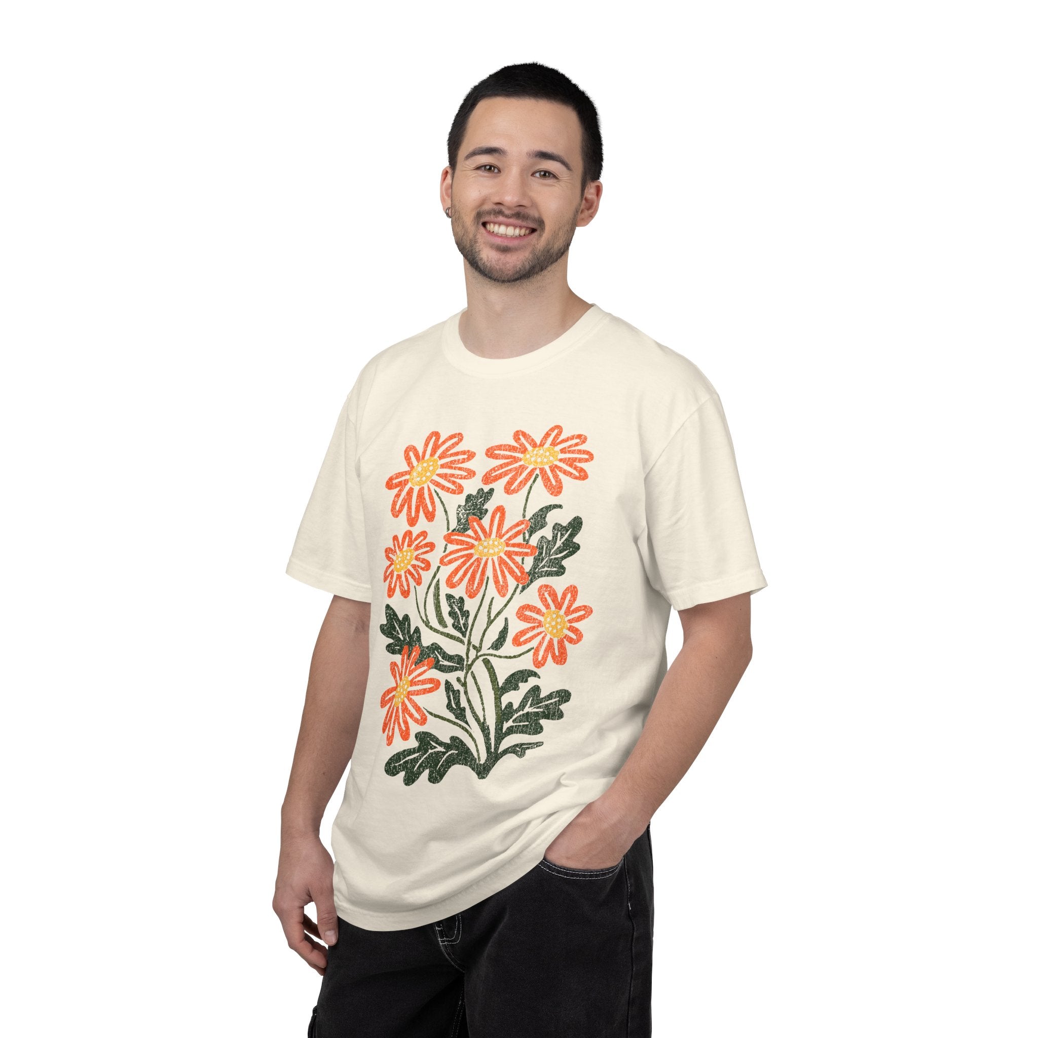 Orange Daisy Graphic Shirt, Retro Floral T-Shirt for Flower Lovers, Groovy Botanical Tee, Cheerful Garden Gift for Women and Gardeners