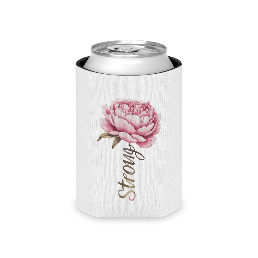 A white foam can cooler printed with a pink peony flower and the word 'Strong' in gold script, holding a beverage can, styled on a table with books and flowers.