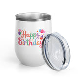 Happy Birthday Wine Tumbler, Pastel Balloons and Cupcake Design, Colorful Drinkware Gift for a Best Friend, Sister or Coworker Celebration