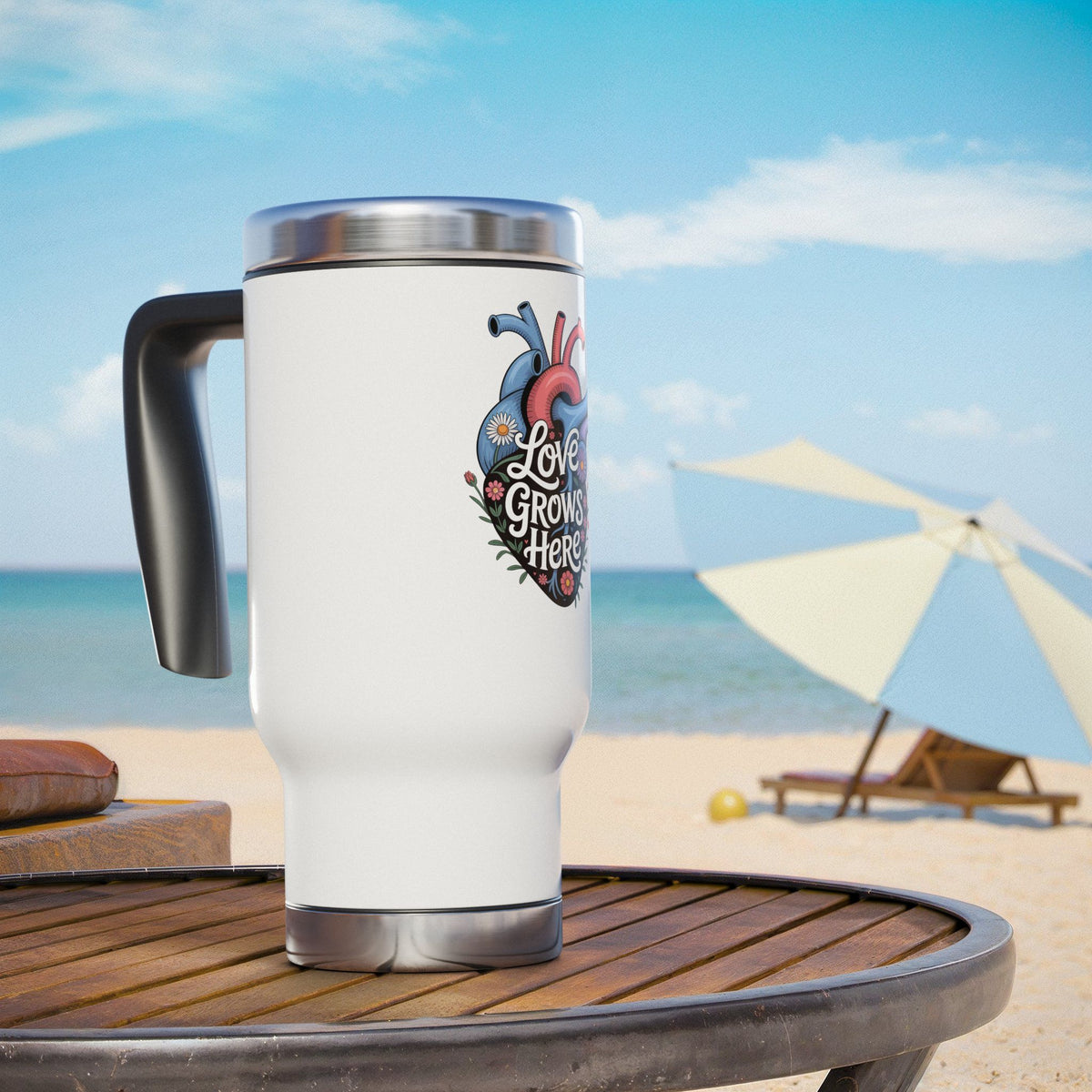 Love Grows Here Stainless Steel Travel Mug, Floral Anatomical Heart Cup, Mental Health Gift, Encouraging Gift for Her