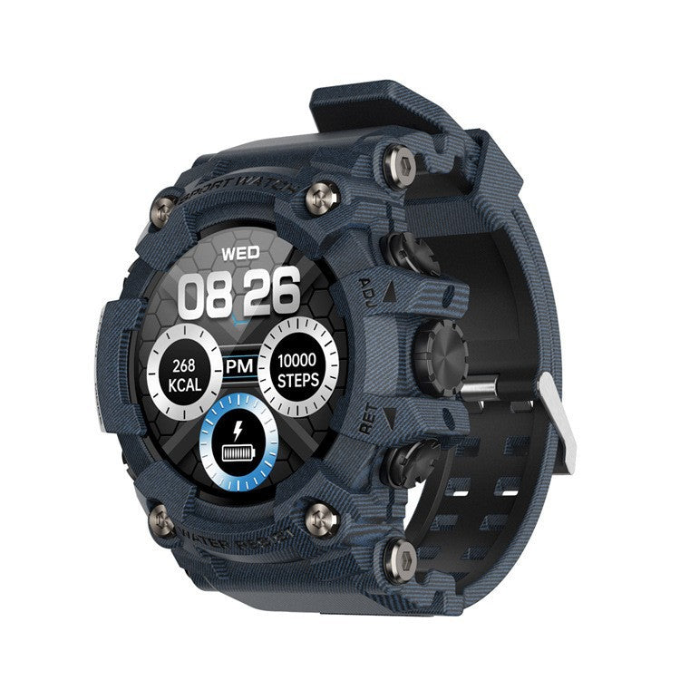 Black rugged sport smart watch showing steps, battery and calorie display on round screen