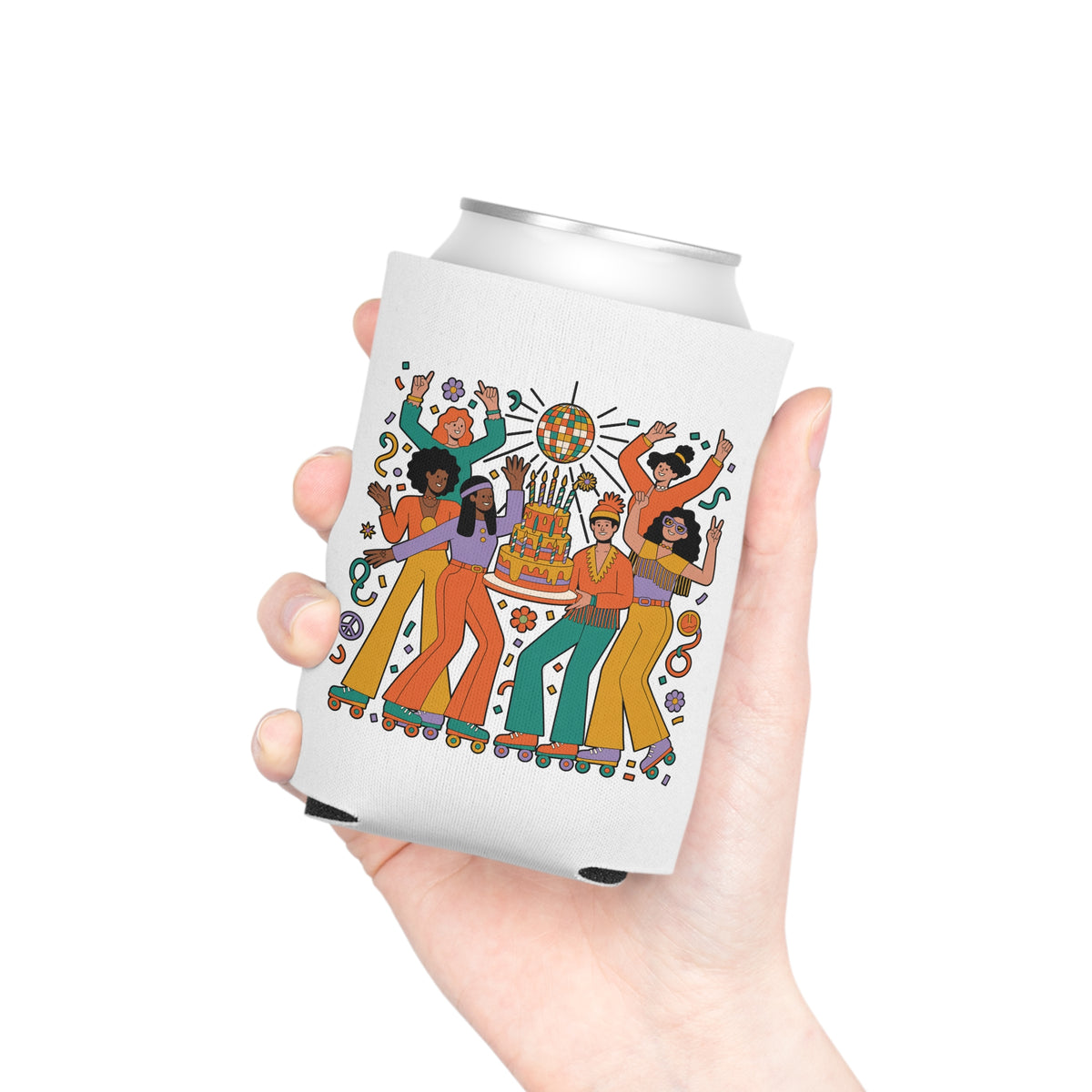 Retro Disco Birthday Can Cooler, 70s Roller Skating Party Design, Groovy Drink Holder, Gift for a Skater Friend Who Loves Vintage Aesthetics