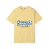 A pale yellow short-sleeve t-shirt with a blue graphic on the chest reading 'Campus State of Mind' and 'EST. NEW HERMESTER' below it, shown on a plain white background.