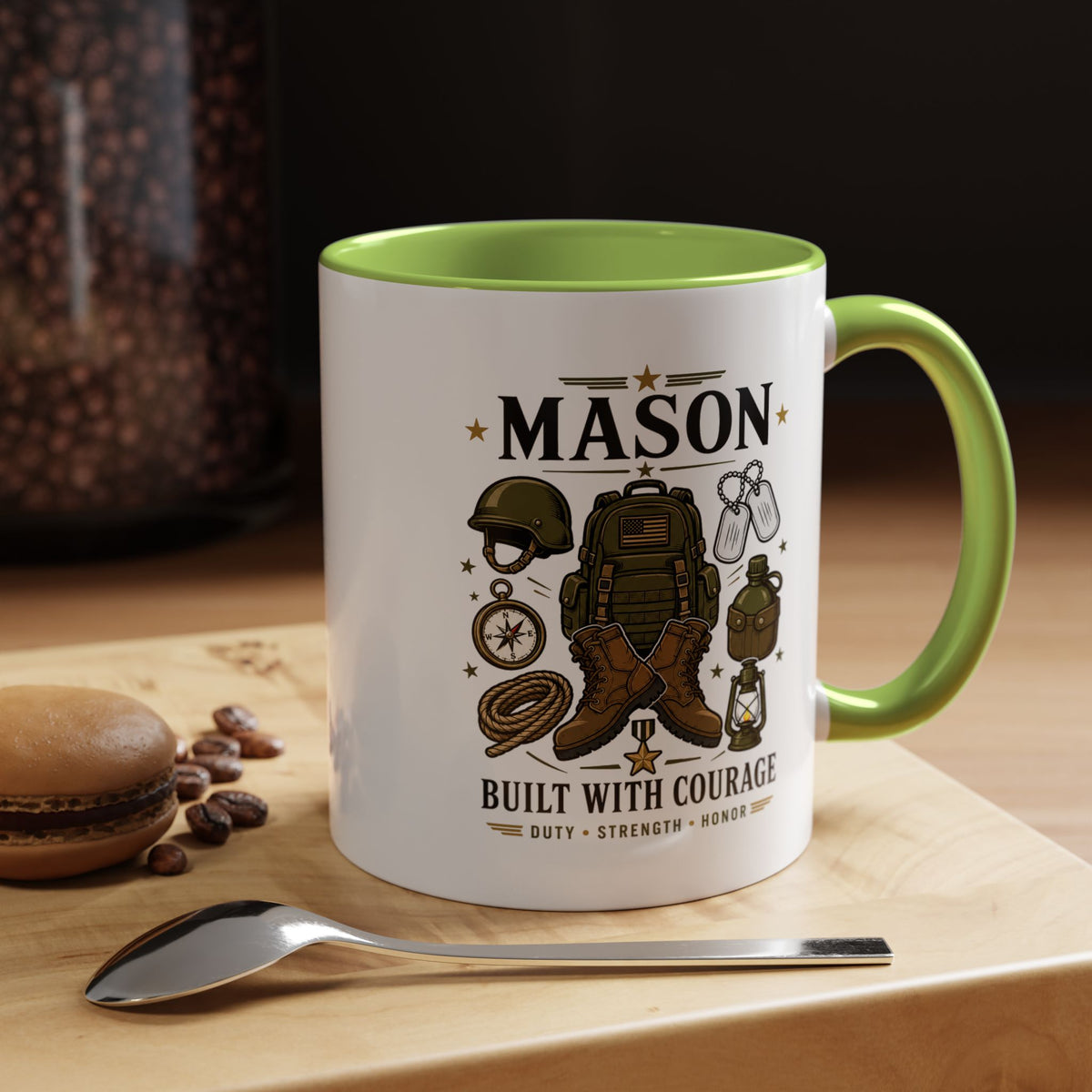 Personalized Army Soldier Mug, Built with Courage Coffee Cup, Custom Name Military Gift for Him, Veteran, Recruit or Service Member