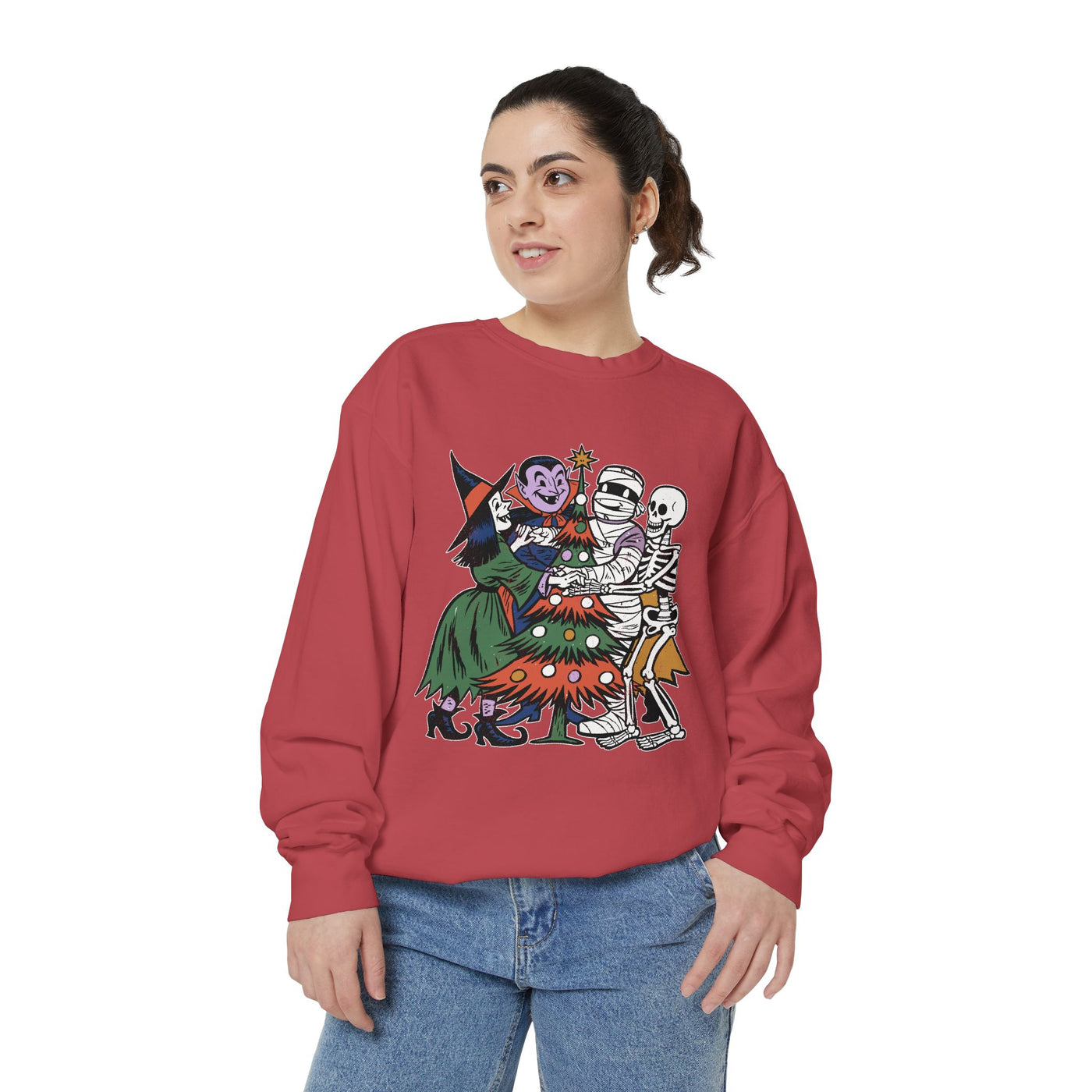 Spooky Christmas Sweatshirt, Halloween Holiday Mashup Crewneck, Witch Vampire Mummy Skeleton Pullover, Gothic Xmas Gift for Horror Fan
