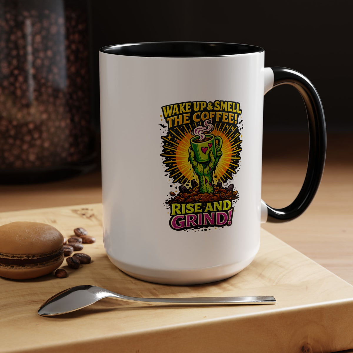 Zombie Coffee Mug, Wake Up and Smell the Coffee Black Accent Cup, Unique Funny Rise and Grind Gift for Horror Fan, Barista or Coworker