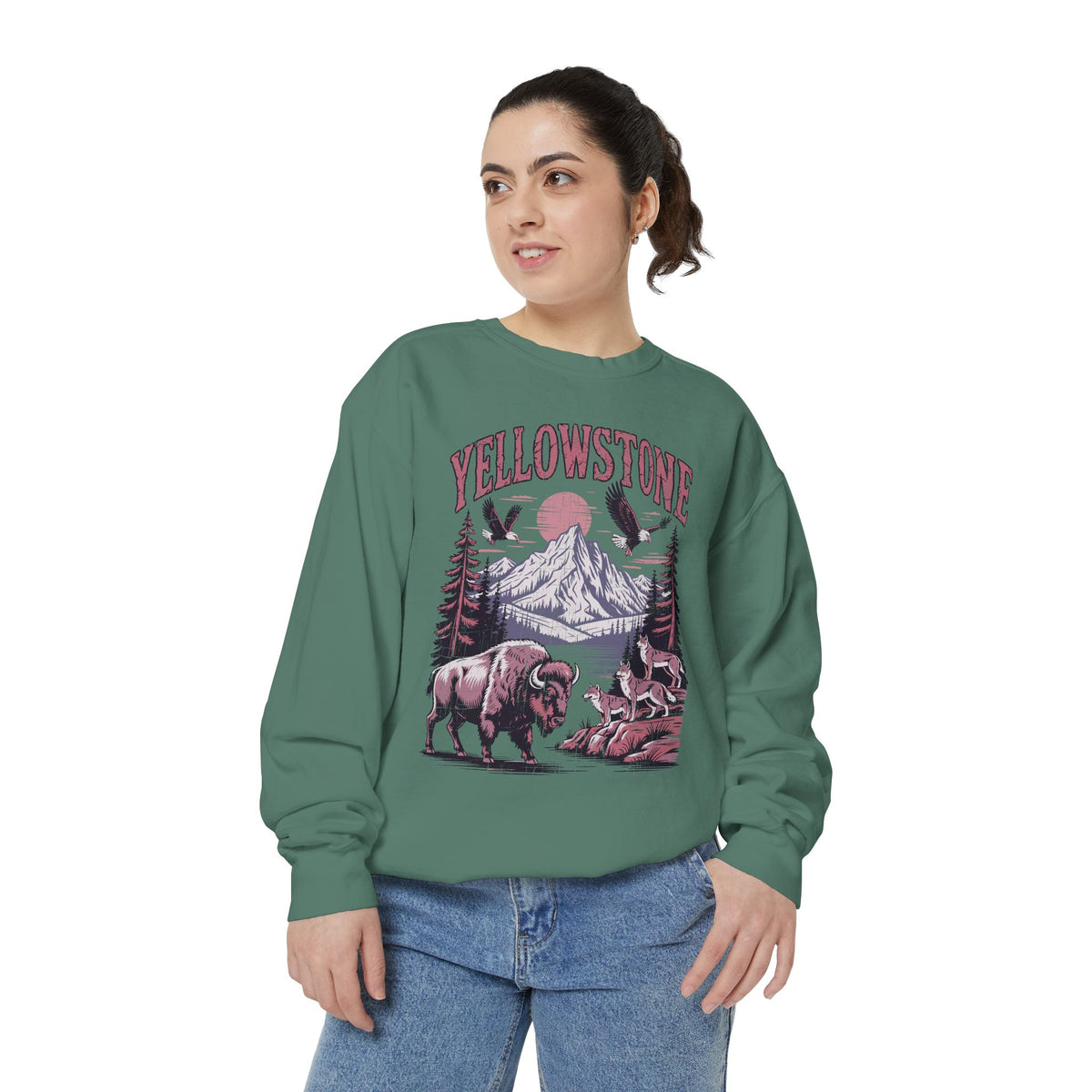Yellowstone Wildlife Sweatshirt, Bison Wolf Eagle Mountain Crewneck, National Park Lover Gift, Western Nature Graphic Cozy Pullover