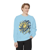 Celestial Sun Graphic Sweatshirt, Blue and Gold Cosmic Pullover, Mystical Night Sky Top, Astrology Gift for Stargazers and Dreamers