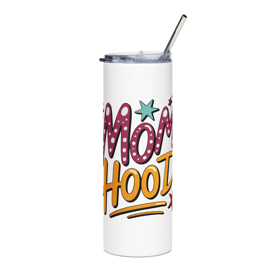 A white stainless steel skinny tumbler with a clear lid and metal straw, printed with "MOM HOOD" in pink polka-dot and yellow lettering with scattered stars.
