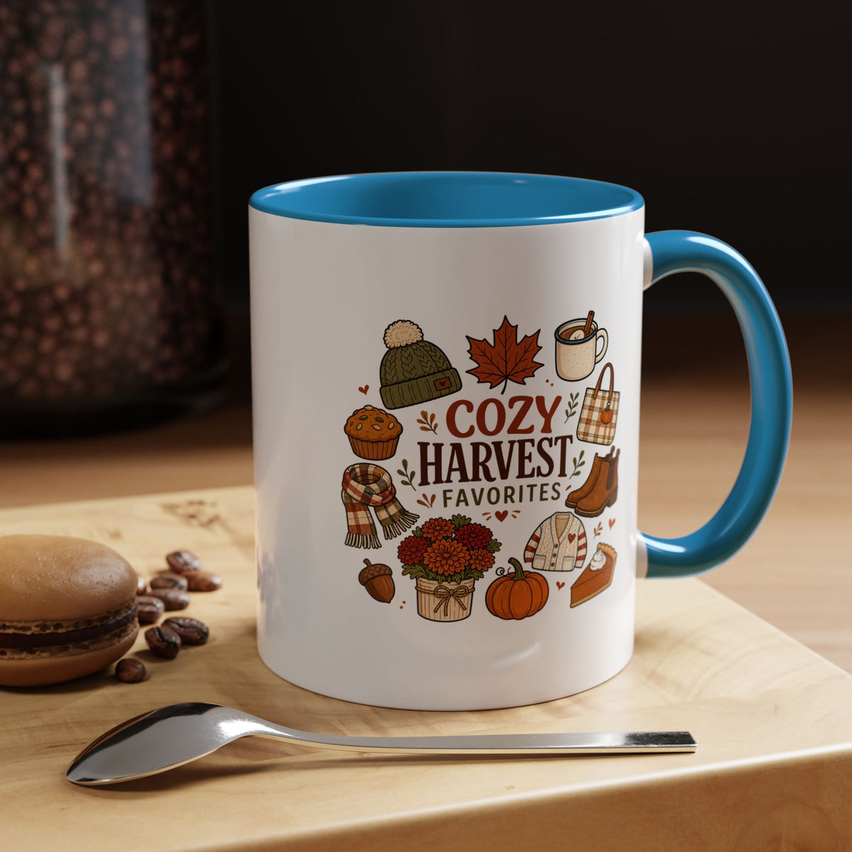 Cozy Harvest Coffee Mug, Cute Autumn Favorites Cup, Fall Gift for Her, Pumpkin Spice Lover Birthday Present, Thanksgiving Kitchen Decor