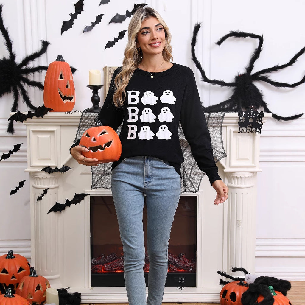 Halloween embroidery casual round neck long sleeved top with Halloween elements