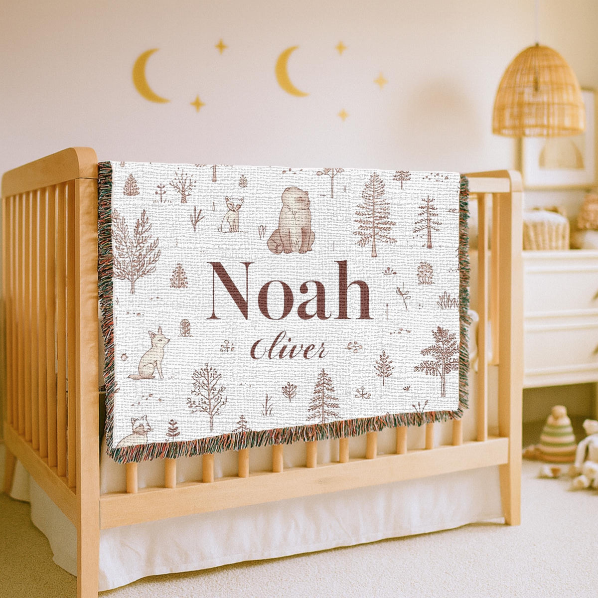 Personalized Woodland Baby Name Woven Blanket Custom Nursery Blanket Forest Animal Decor Baby Shower Gift