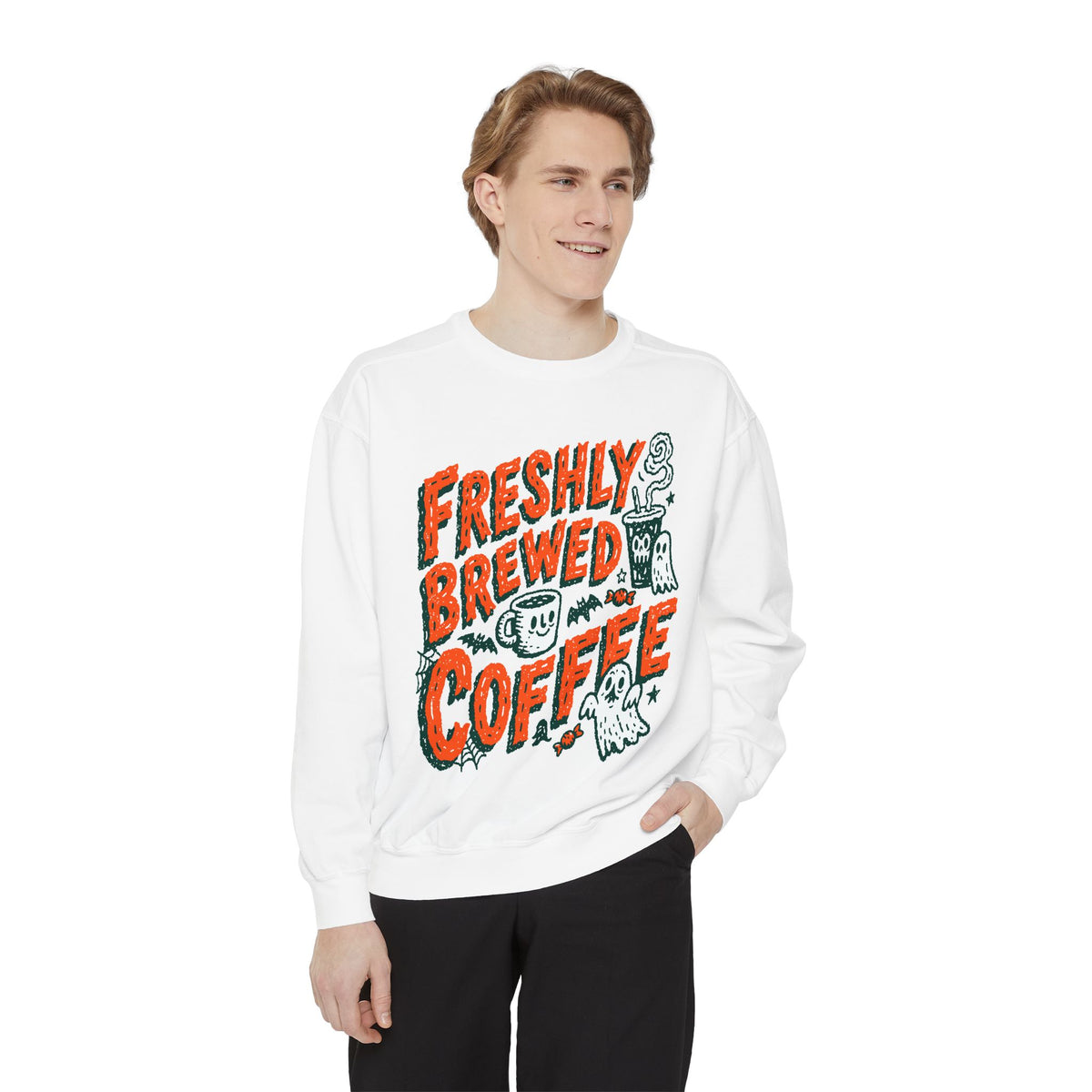 Coffee Lover Halloween Sweatshirt, Freshly Brewed Coffee Ghost Pullover, Cute Spooky Season Gift for Barista and Caffeine Fan, Gift for Her