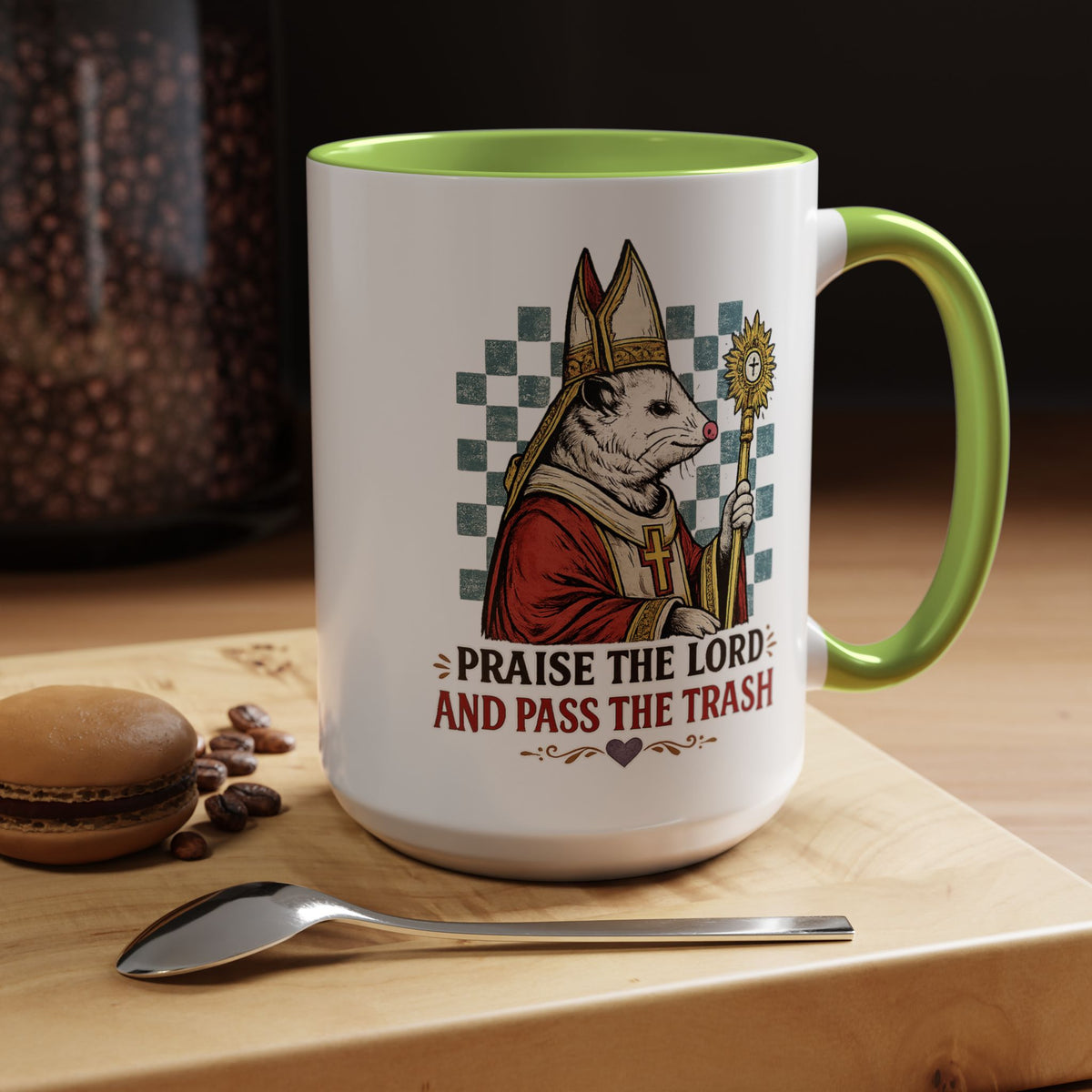 Praise the Lord and Pass the Trash Coffee Mug, Funny Opossum Pope Gift for Friends, Sarcastic Christian Possum Ceramic Tea Cup with Black Handle