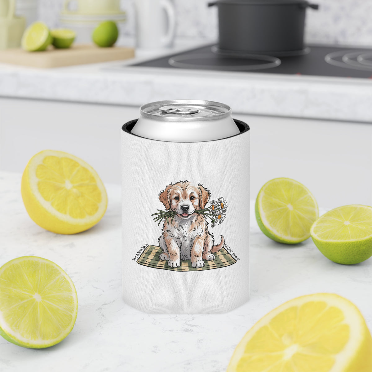 Golden Puppy Can Cooler, Cute Dog and Daisy Drink Sleeve, Gift for Dog Moms, Puppy Lovers, Pet Parents and Animal Lovers