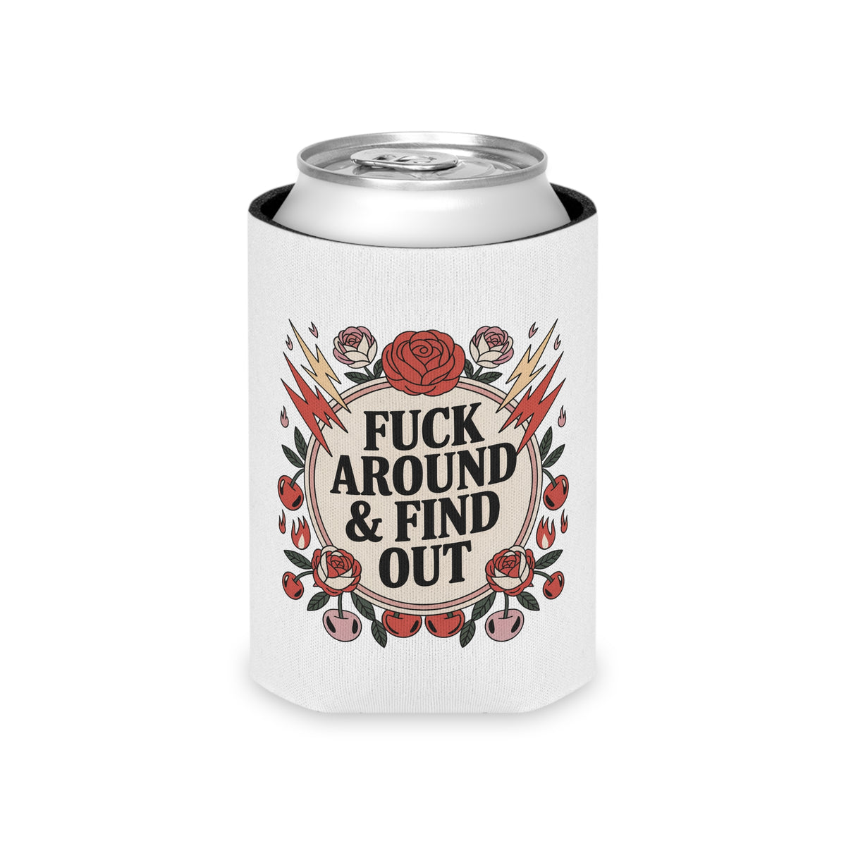 FAFO Can Cooler, Retro Tattoo Roses and Lightning Drink Sleeve, Sarcastic Gift for Friends, Funny Beer Can Holder