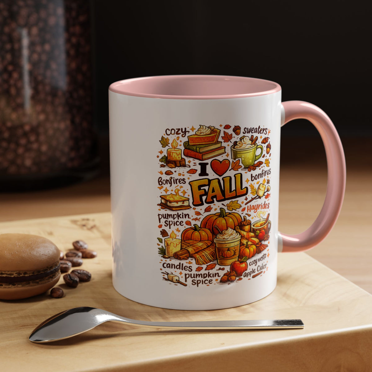 I Love Fall Coffee Mug, Cozy Autumn Pumpkin Spice Cup, Gift for Fall Lover, Book Reader, Teacher or Mom, Thanksgiving Kitchen Decor