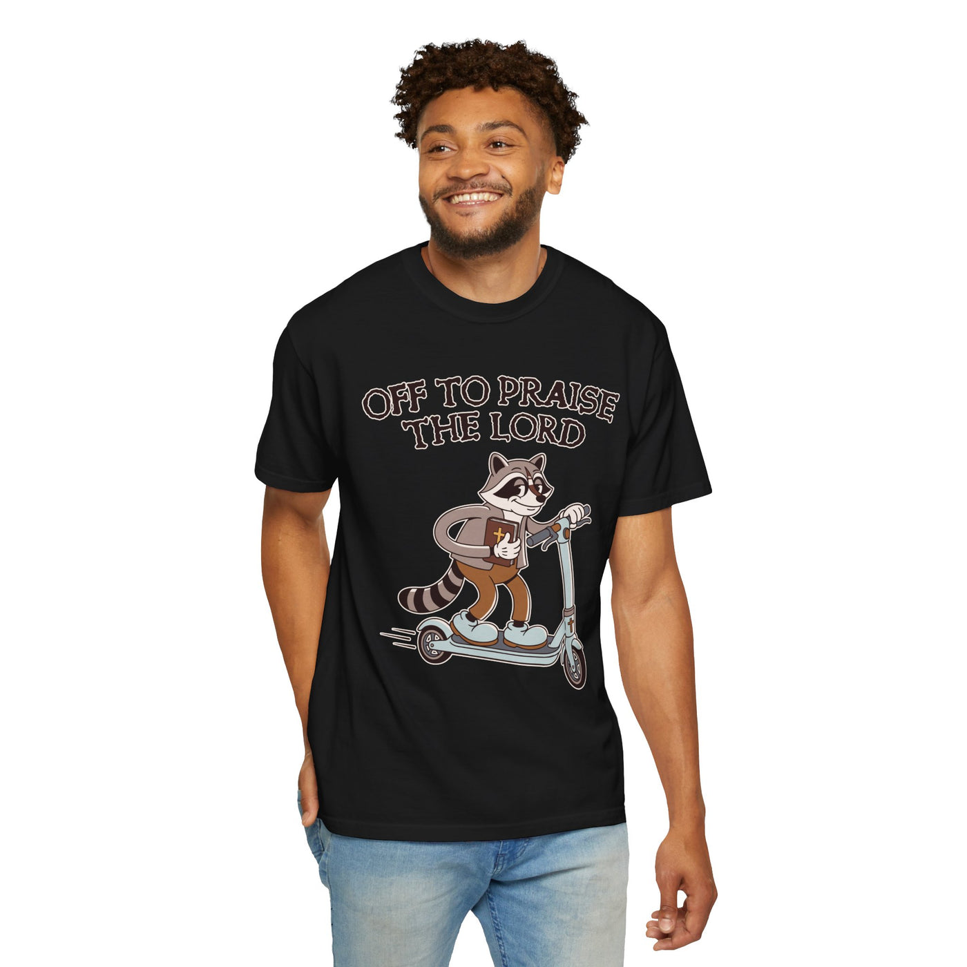 Funny Christian Comfort Colors Shirt, Off to Praise the Lord Raccoon Tee, Cute Faith Based Graphic Tee, Trendy Christian Shirt for Women