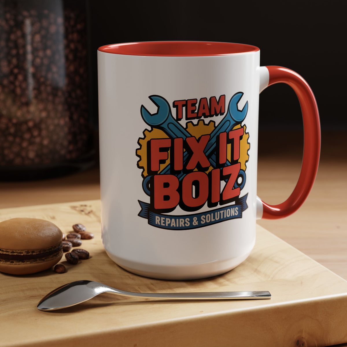 Mechanic Coffee Mug, Team Fix It Boiz Wrench and Gear Design, Handyman Gift for Dad or a Repair Crew Coworker, Workshop Coffee Break Cup