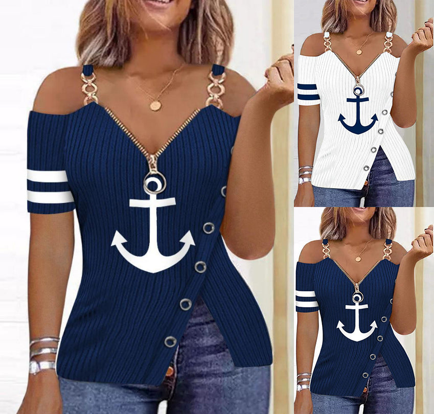 A navy cold-shoulder top with a zip V-neck, chain straps and a white anchor print, shown with smaller images in white and navy.