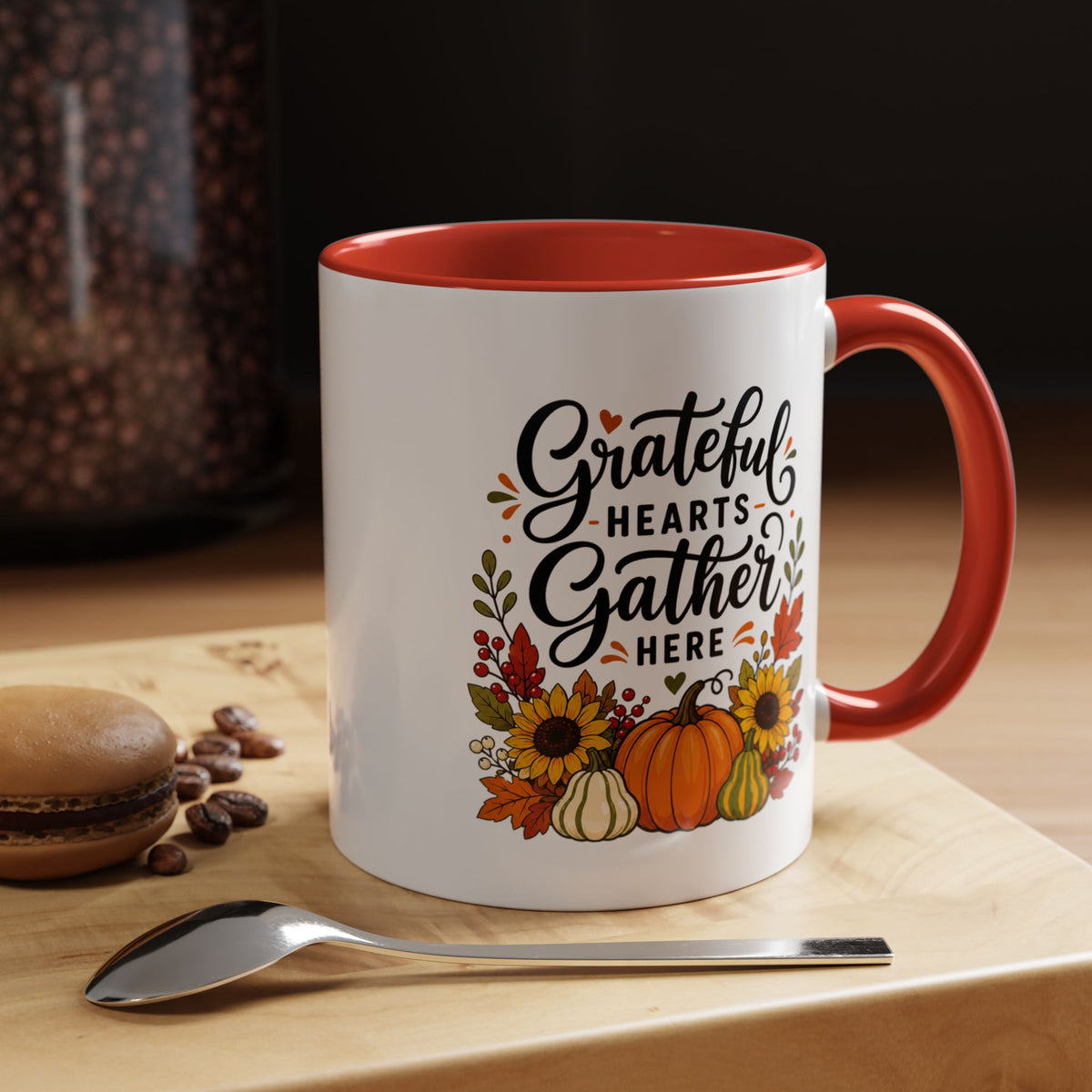 Grateful Hearts Gather Here Mug, Thanksgiving Pumpkin Coffee Cup, Rustic Fall Hostess Gift, Sunflower Harvest Kitchen Decor