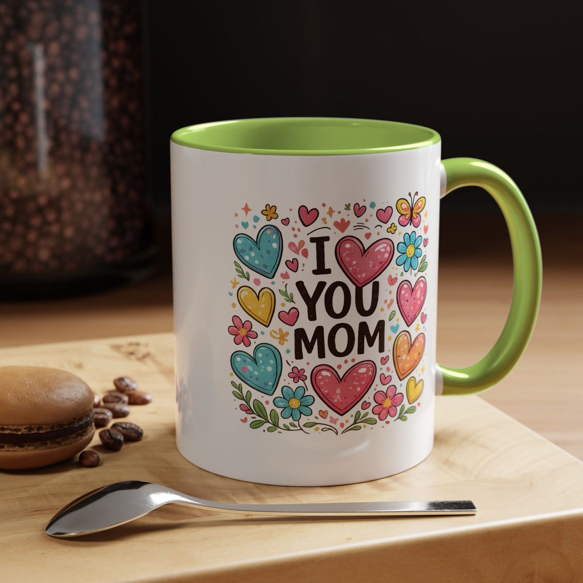 I Love You Mom Coffee Mug, Cute Birthday Gift for Mother, Colorful Hearts and Flowers Ceramic Tea Cup with Blue Handle, Mother's Day Mug