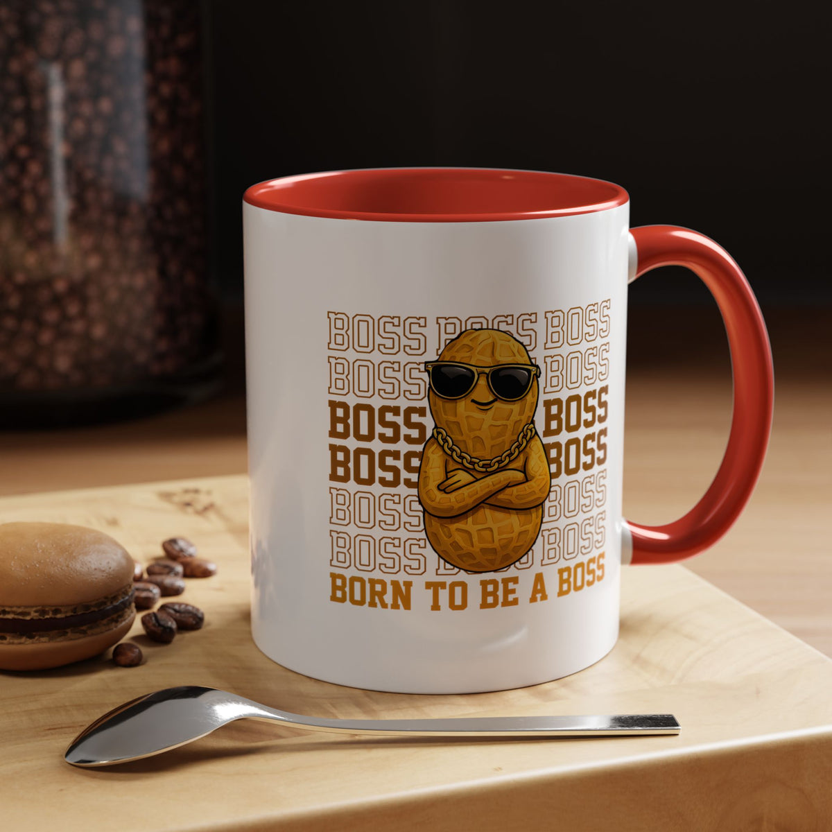 Born To Be A Boss Coffee Mug, Funny Peanut Office Joke Gift for Coworkers, Sarcastic Corporate Manager Ceramic Tea Cup with Orange Handle